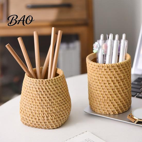 Office Desk Organizer Faux Rattan Pen Holder, Woven Style Makeup Brush Boho Resin Holder Desktop Organizer, Multi-functional Pencil Cup for Home