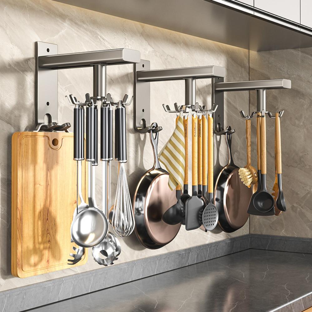 Kitchen Rotating Spatula Spoon Racks Wall Mounted Sliding Hook Shelves No Punching Required Simplicity Kitchenware Storage Shelf