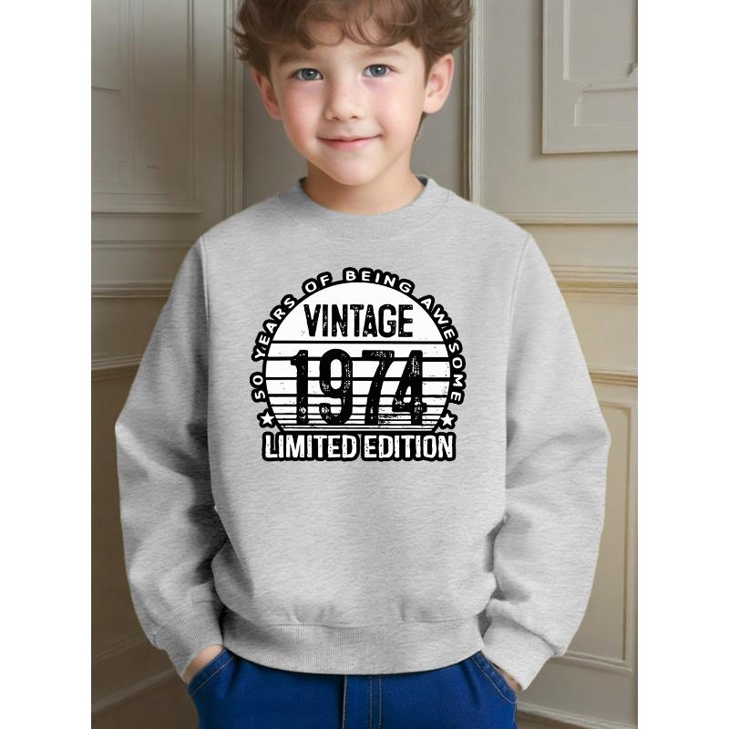 Retro Style Boys' Fifty Years Anniversary Pattern Crewneck Sweatshirt for Daily Wear School Activities And Casual Occasions