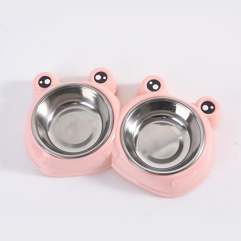 Cute frog-shaped stainless steel pet double bowl - large capacity to prevent spilling - cat drinking bowl for dogs' food dish