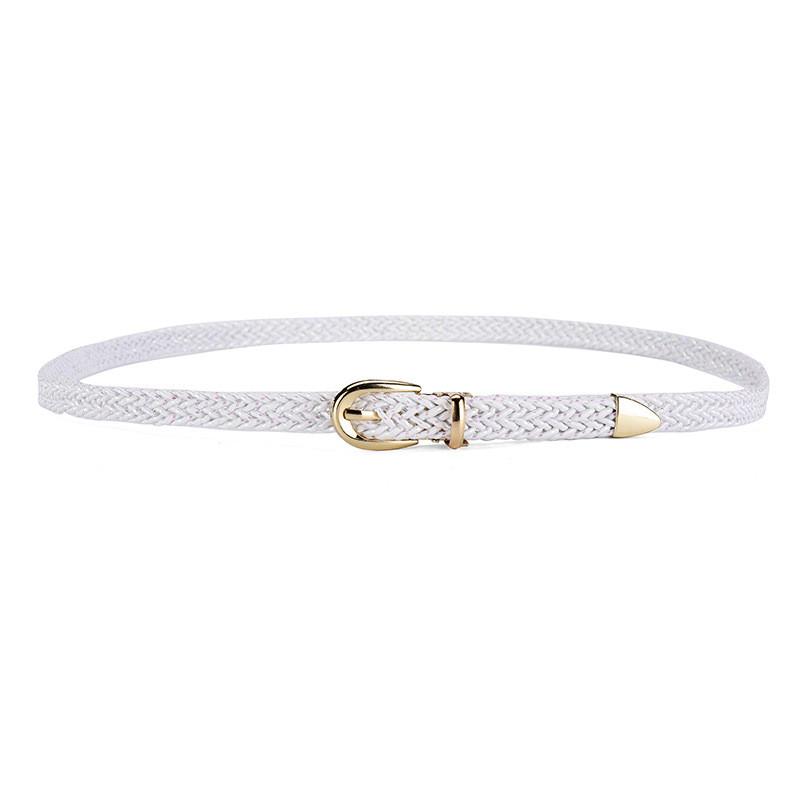 Womens Elegant Slim Woven Belt With Decorative Gold Buckle For Stylish Dress And Shirt Outfit