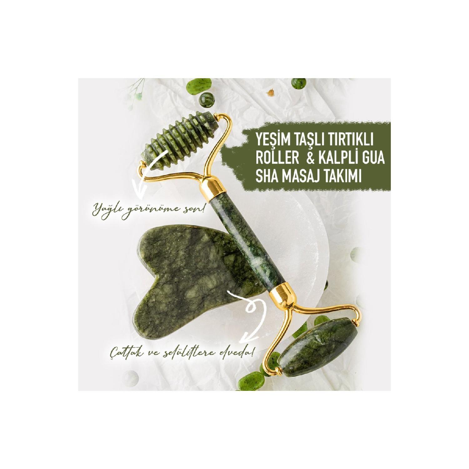 

Natural Jade Stone Roller Roles And Heart Gua Sha Facial Massage Set Certified зелений