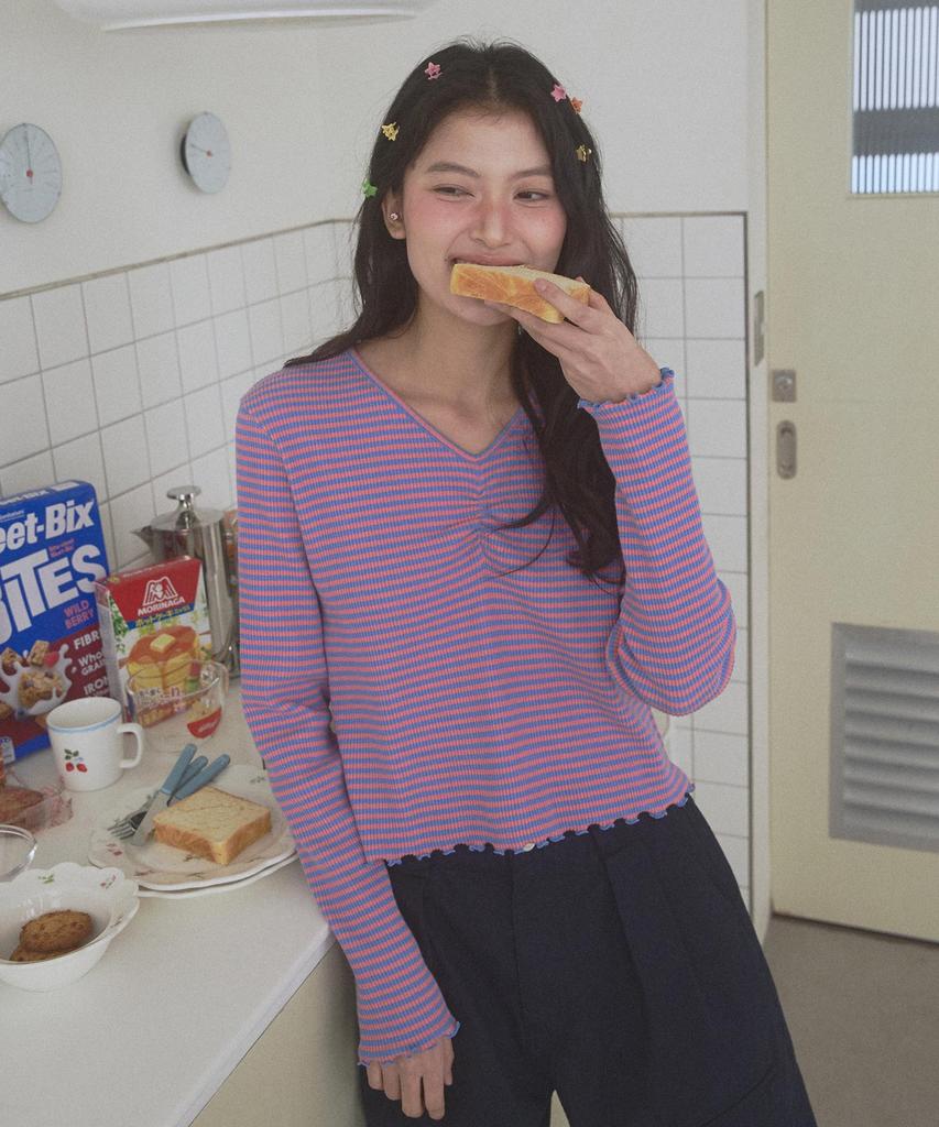 Nyuluki Shirring Point Long Sleeves T-Shirt_Pink