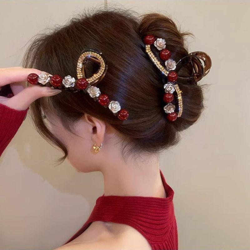 1pc Rose red pearl clip women's autumn and winter new fashion style, back of the head plate hair clip hair accessory