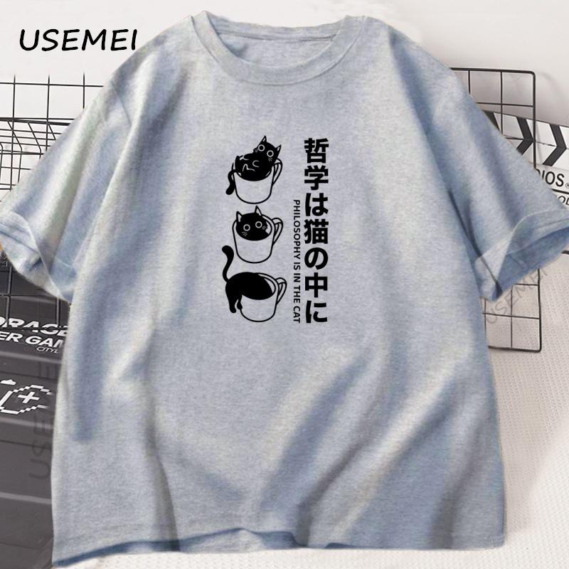 Funny Kawaii Cat T-Shirt Japanese Cat Coffee Lover T Shirt Men Women Streetwear Harajuku Clothing Cute Black Cat Tee Loose Tops
