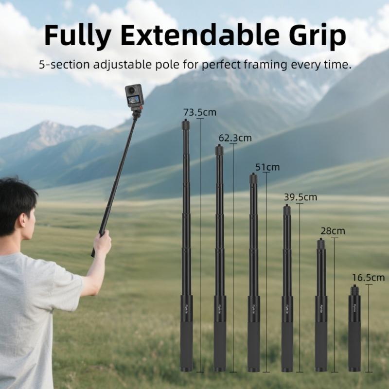 Adjustable Selfie Stick Extendable to 73.5cm Portable Design for Action Cameras Photography Aluminum Alloy Construction