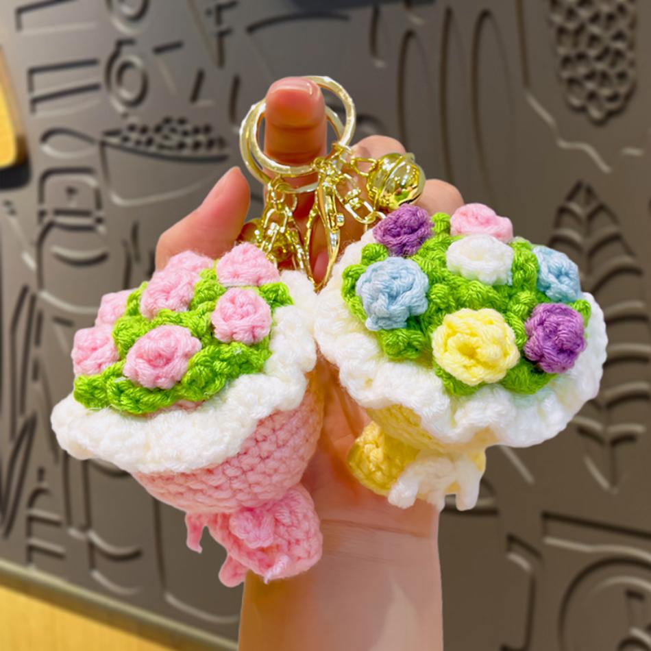 Hot Woolen Hand-Held Flower Sunflower Keychain Pendant Simulation Rose Handmade Crochet Ins Style Bag Hanging Accessory In Stock