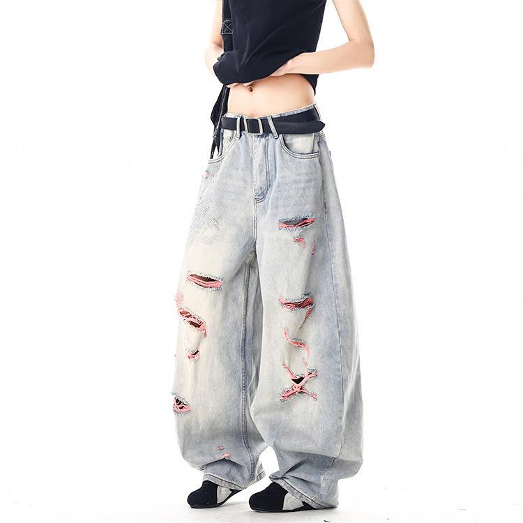 American Retro Pink Ripped Washed Jeans Men's and Women's Summer Thin Wide-leg Pants Loose and Versatile Scimitar Trousers