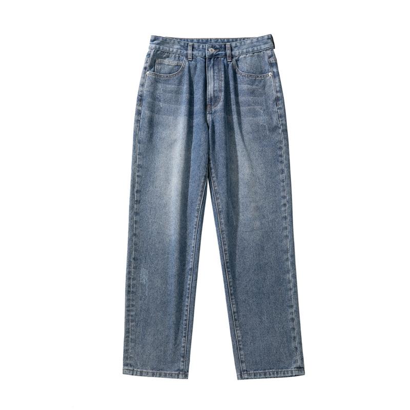 Straight denim pants, men's loose fitting wide leg pants, trendy brand retro washed trendy cropped casual pants