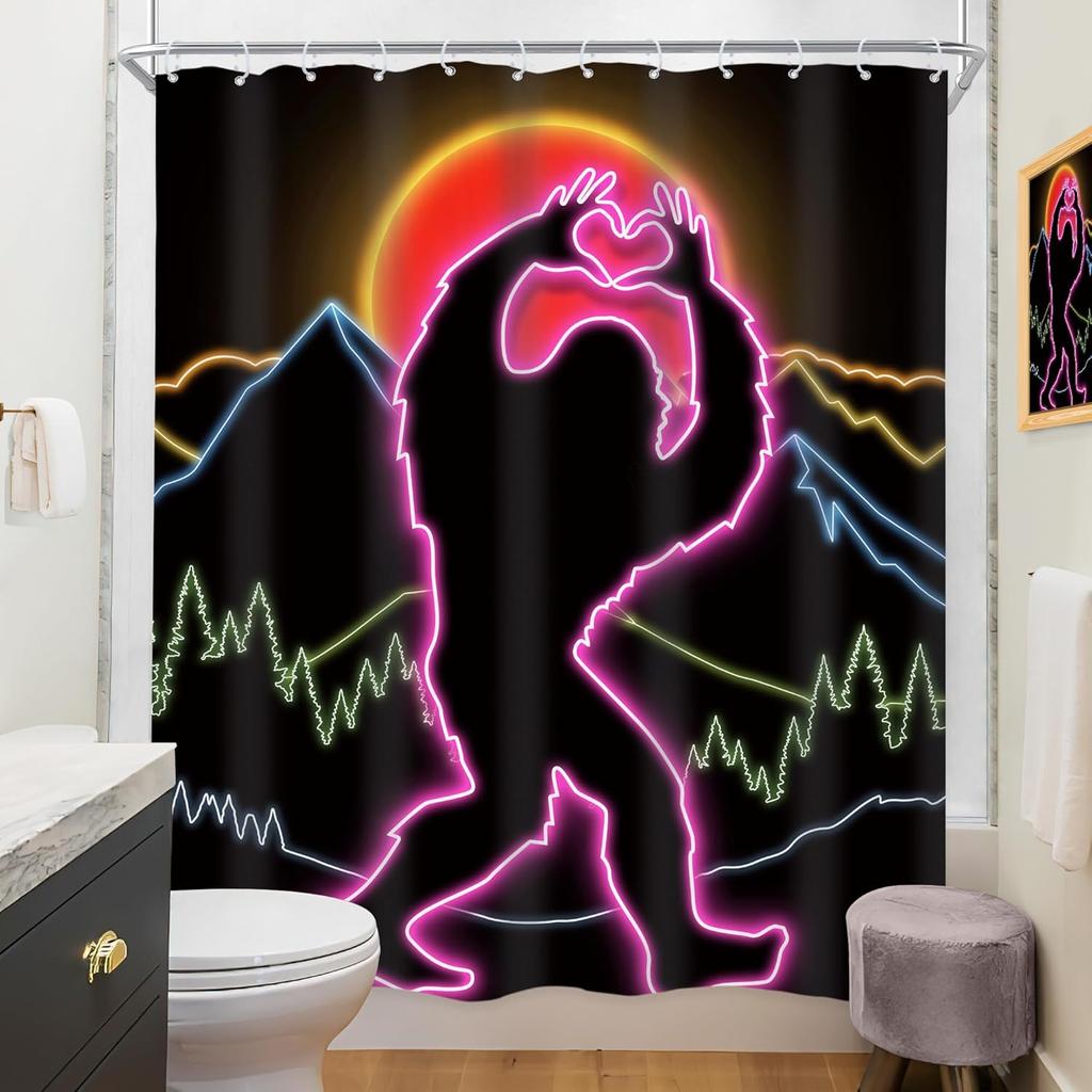Neon Rooster Shower Curtain Mountain Sunset Art Pink Glow Design Fun Animal Pattern Bath Decor Waterproof Fabric 150X210