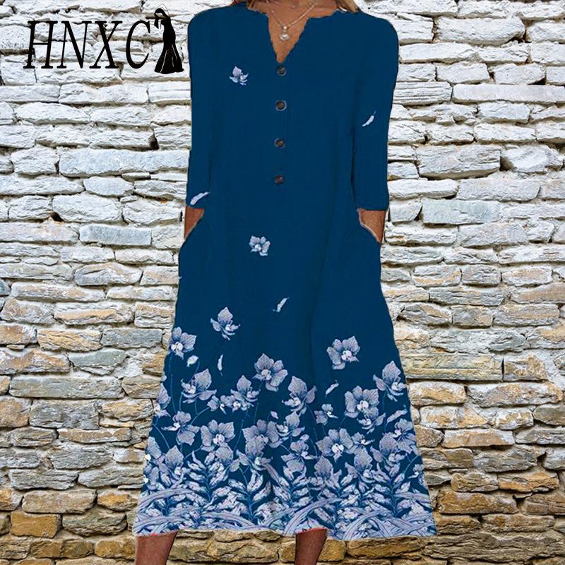 HNXC Elegant Women Dresses V Neck Short Sleeve Button Party Dress Female Summer Vintage Print Dress Casual Loose Floral Ladies Dresses