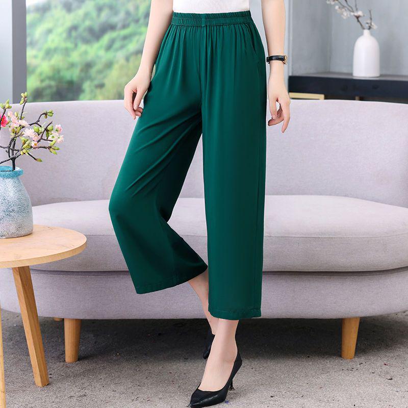 2026 Summer Solid Color Loose Straight Cropped Cotton Silk Pants for Middle-Aged and Elderly Women