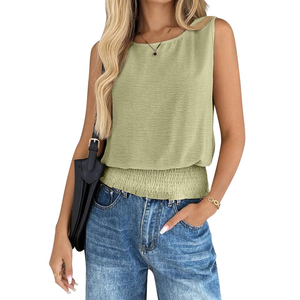 Women's Fashionable Round Neck Sleeveless Hem Pleated Casual Vest Top