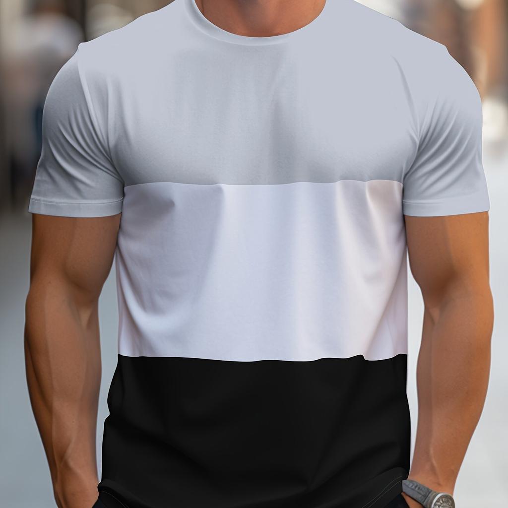Men's Contrast Color Stripe Pattern Print T-shirt With Crew Neck And Short Sleeve, Casual And Comfy For Summer Leisurewear
