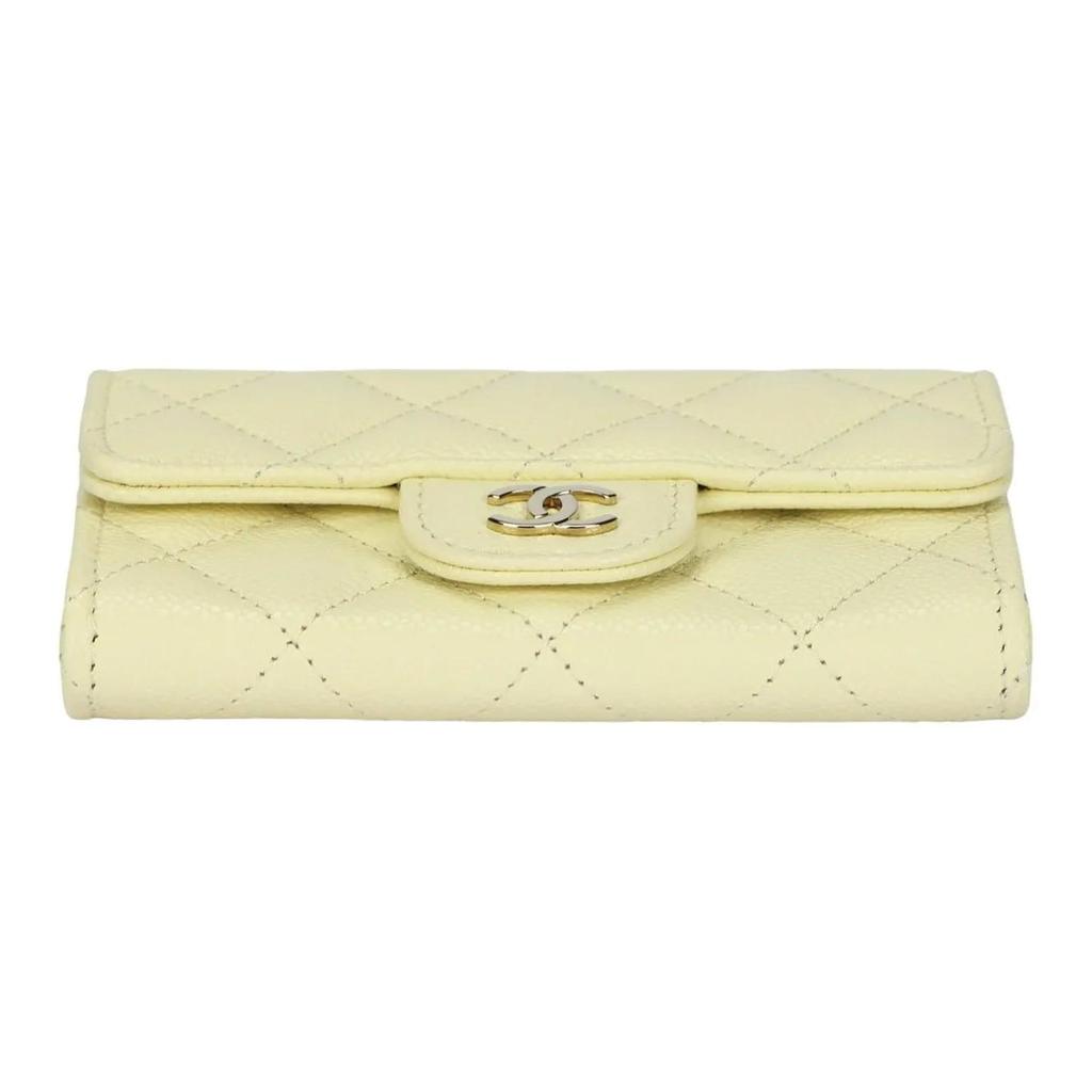 CHANEL 25S classic vertical gold-labeled double C logo quilted diamond pattern shiny grain calfskin with gold metal card holder small size yellow