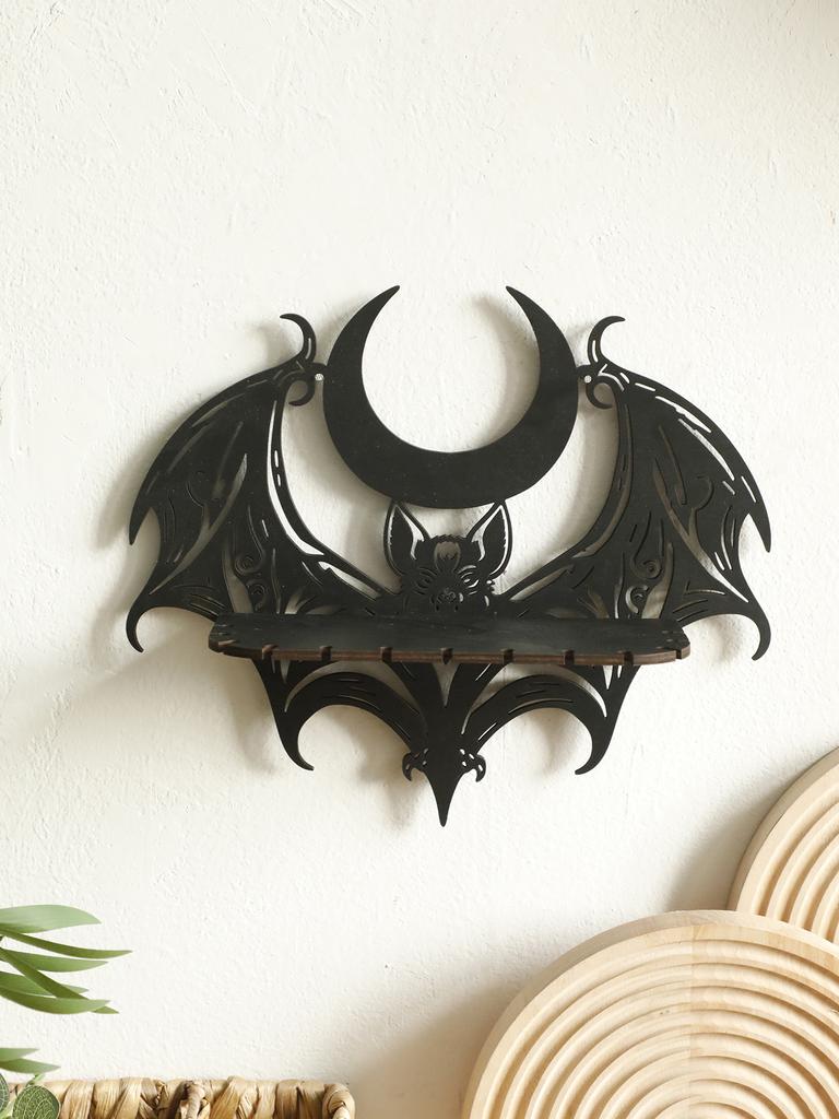Schwarzes Halloween Holz Wandregal Gotisches Fledermaus Mond Hohlmuster Schwebendes Regal Kristallhalter Goth Wohnkultur Hexe Zimmer Dekor