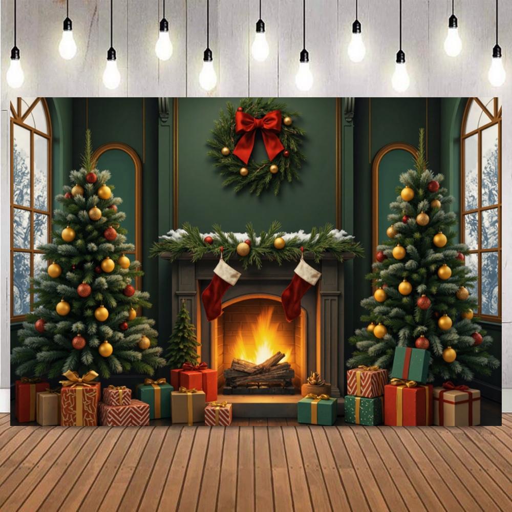 Christmas Photography Backdrop Santa Claus Window Snow Forest Xmas Tree Red Curtain Girl Portrait Photoshoot Backdrops Props12