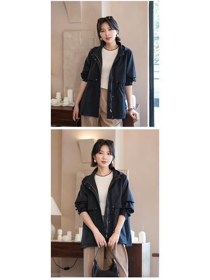 YUN Hooded Mid-Length Casual Trench Coat - Solid Color, Zipper, Loose Fit, Lightweight
