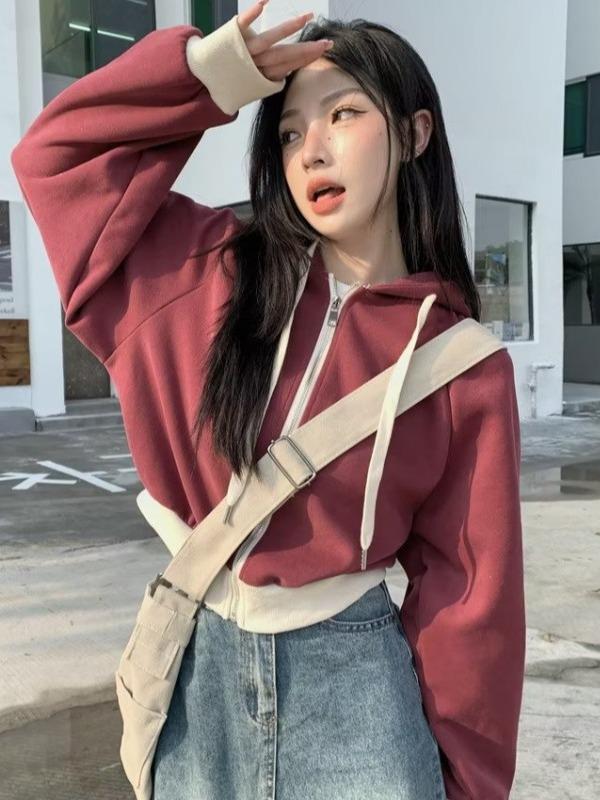 Women's Retro Color-Block Hooded Zipper Sweatshirt - Autumn/Winter 2023 Collection