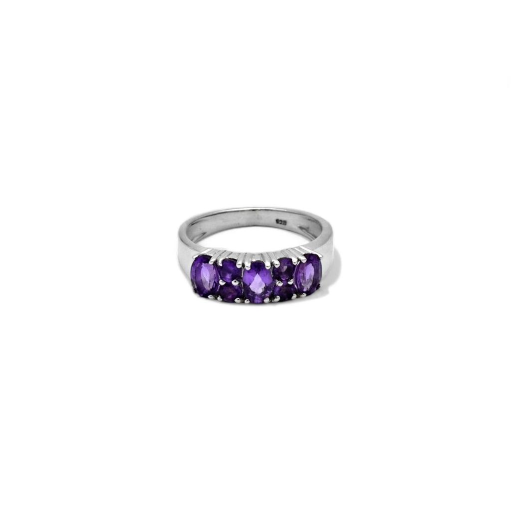 Handcrafted 925 Sterling Silver Ring with 5 Natural Amethyst Gemstones February Birthstone Jewelry for Women & Girls, Classic Anniversary Gift