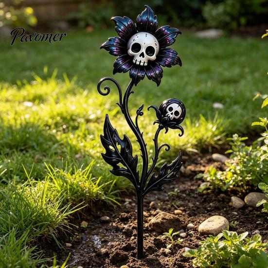 Scary Garden Ornaments Halloween Stake, Waterproof Spooky Skull Flower Lawn Art, 2D Creepy Decorative Haunted House Supplies Metal Plant Stake