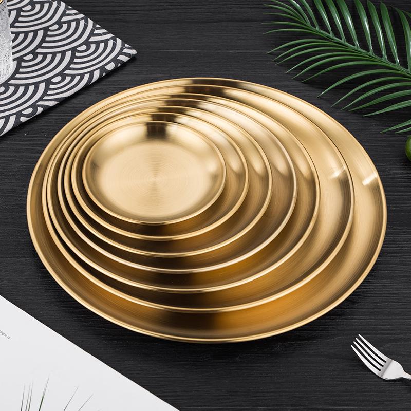 Koreanische Goldene Runde Edelstahl Grill- & Servierplatte – Ideal für Gemüse, Obst, Kuchen, Desserts und mehr.