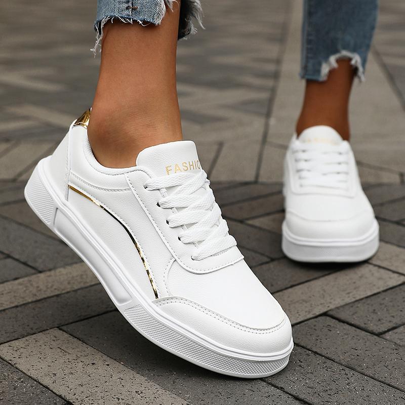 Women's Casual White Sneakers Chic Silver Trim Soft Lining Non Slip Shoes New Minimalist Design PU Leathe Skate Shoes for Women