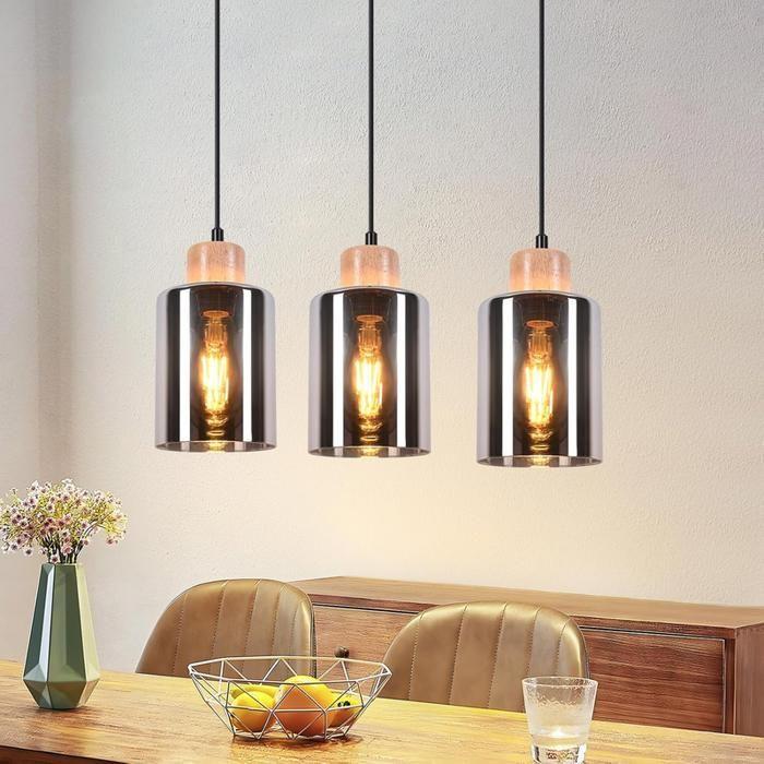 Suspension - NETTLIFE - Modèle table à manger - 3x E27 - Verre fumé - Noir