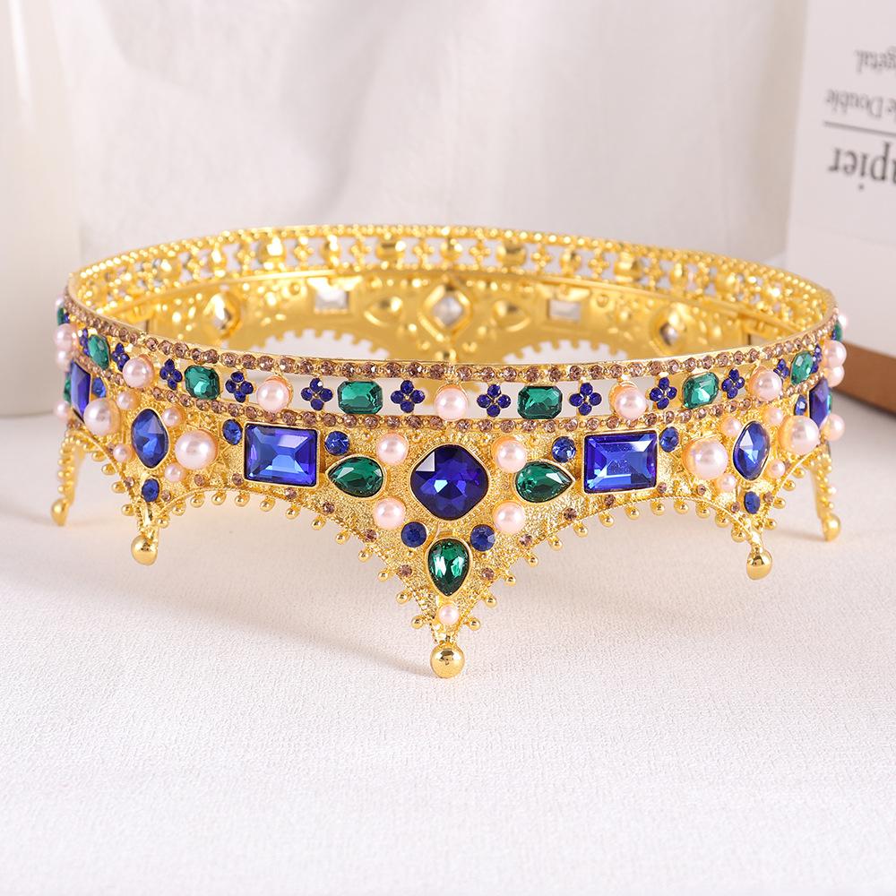 Bride Royal Blue Crystal Queen King Round Tiaras and Crowns Bridal Pageant Diadem Head Ornament Wedding Hair Accessories