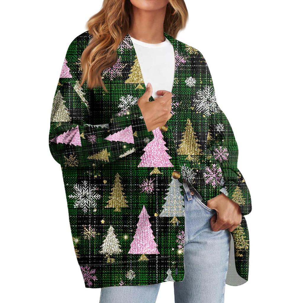 Women's Fashion Long Sleeve Christmas Print V-Neck Button Loose Cardigan Top
