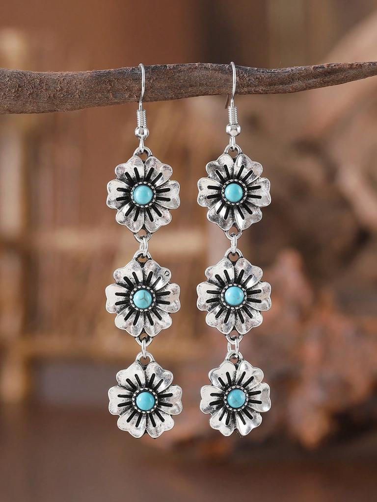 1 Pair Boho Flower Pendant Earrings with Turquoise Stone,Tassel Decor, Women’s Western Vintage Style Wedding Bohemia Jewelry Gift