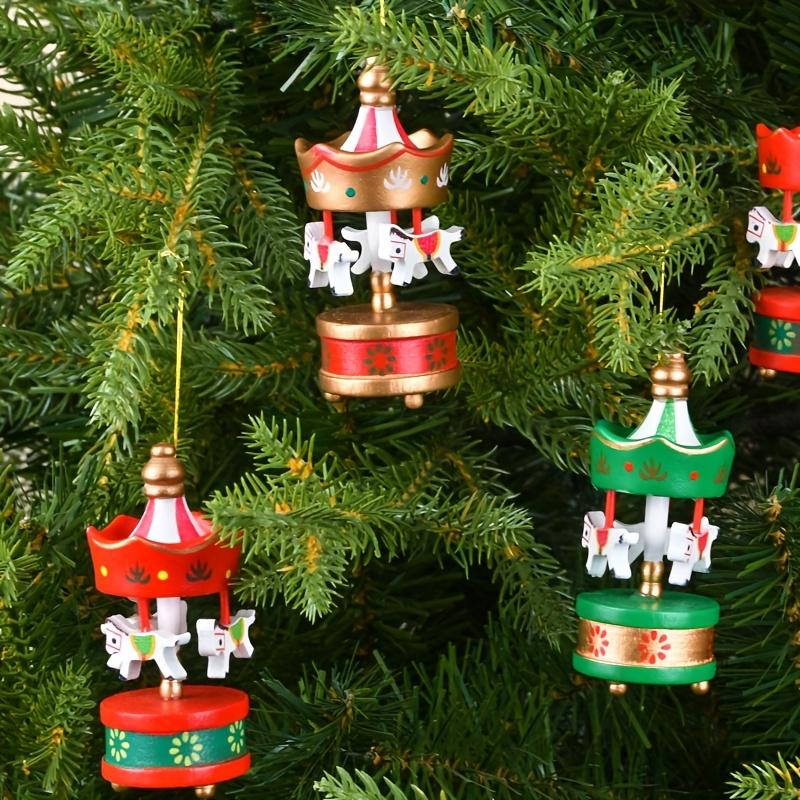 6pcs/box Christmas Wooden Carousel Horse Miniature Ornaments Xmas Tree Hanging Pendant New Year Gift Toy for Kid Home Party Deco