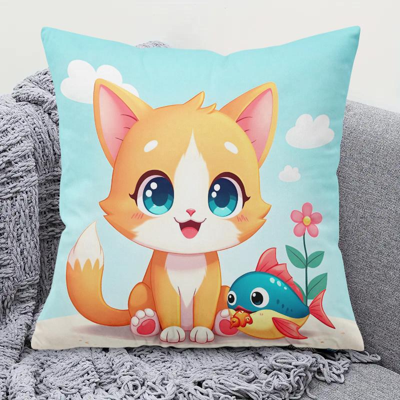 

Cute Cartoon Cat Pillowcase Kawaii Kitten with Fish Cushion Cover Animal Lover Gift Pastel Blue Throw Pillow Kids Room Decor 40cmx40cm