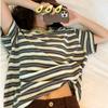 Korean lazy striped contrasting color short-sleeved T-shirt women's summer new loose niche casual retro relaxation top