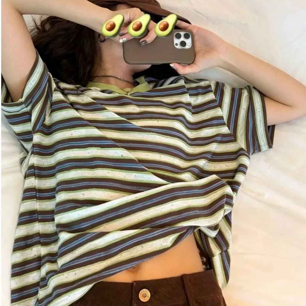Korean lazy striped contrasting color short-sleeved T-shirt women's summer new loose niche casual retro relaxation top