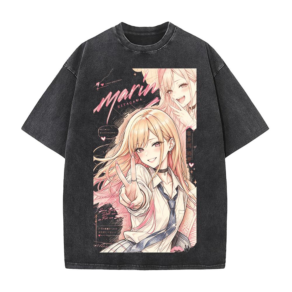 Anime My Dress Up Darling Kitagawa Marin Printed Tee Men Women Short Sleeve Cotton Tshirts Washed Clothing Vintage Streetwear