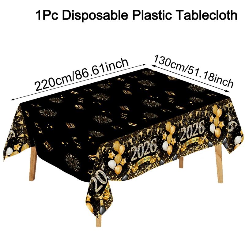 Black Gold New Year Disposable Tablecloth Happy New Year Party Decorations for Home 2026 Kitchen Dinning Plastic Table Cover