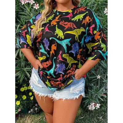 Verão Estampa 3D Dinossauro Camiseta Tops Moda Feminina Harajuku Casual Engraçado Vintag Gola Redonda Feminino Roupa Streetwear