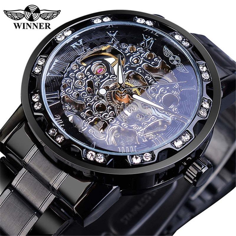 Winner One Winner Herren Mode Lässig Skelett Strass Manuell Mechanische Uhr für Herren Trendig