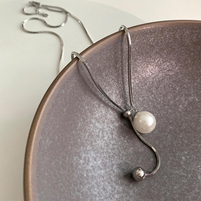 Collana di Perle Minimalista da Donna, Argento Sterling S925, Lunga Catena da Maglione Regolabile