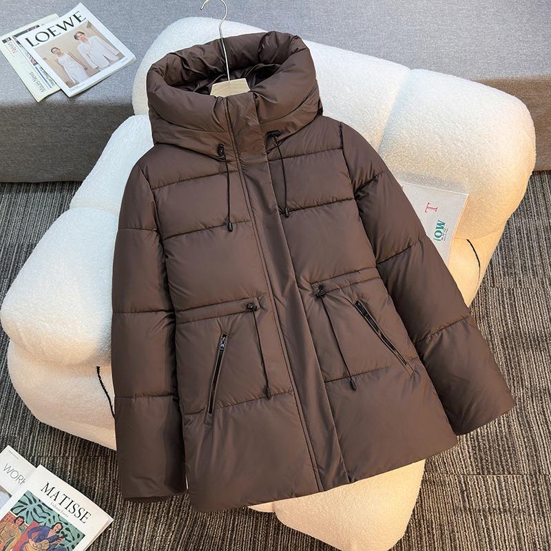 New cotton-padded clothes women's medium and long hooded cotton-padded clothes, thickened and thin cotton-padded jackets, drawstring waist jackets