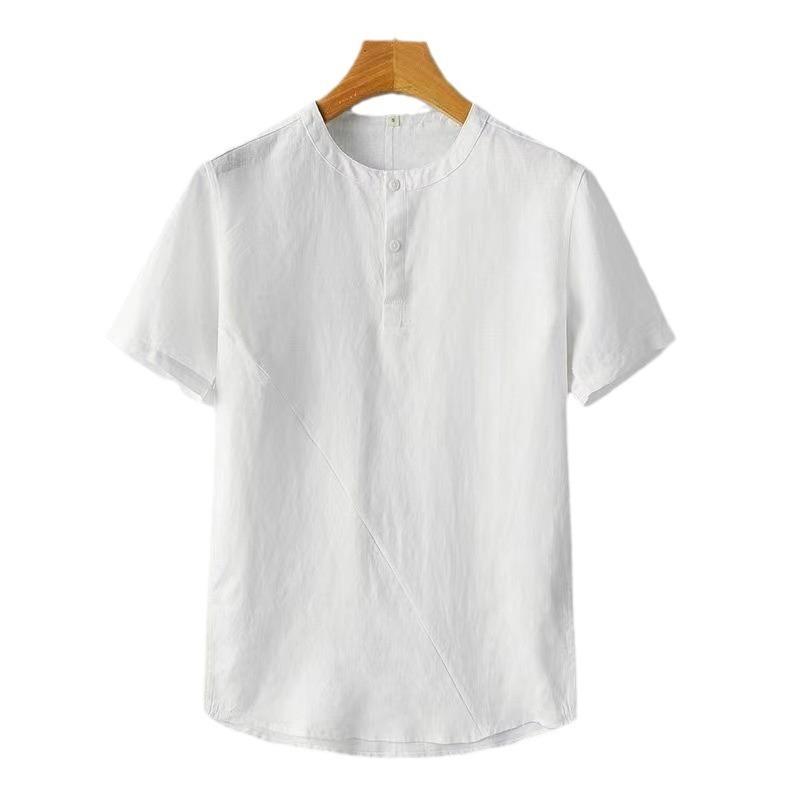 Casual Men's Cotton Linen Blouse Summer Spring O-Neck Button Short Sleeve Beachwear Holiday Blouse Tops