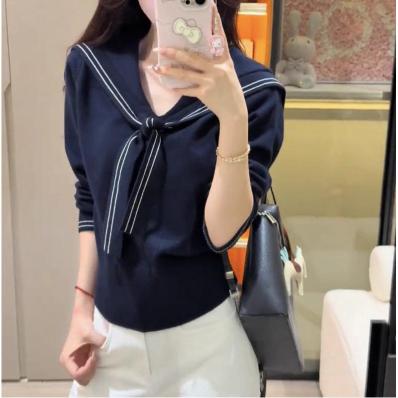 College style contrasting color navy collar knitted sweater women's autumn new temperament thin shawl lapel sweater tide