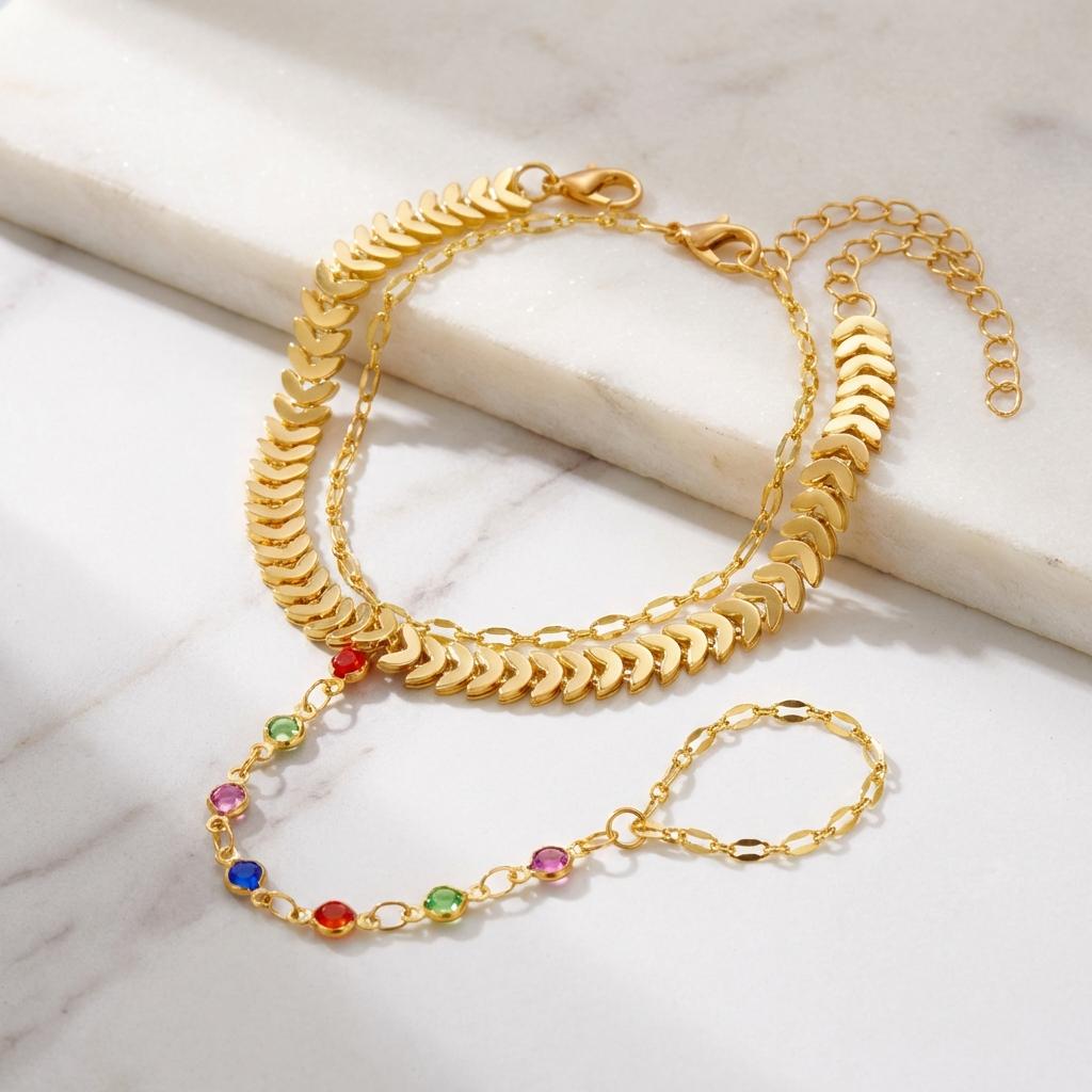 Boho Gold Color Leaf Rainbow Stone Chain Bracelet for Women Vintage Multilayer Finger Ring Hand Bracelet Fashion Jewelry Gift