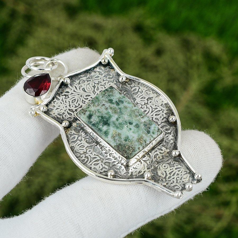 925 Sterling Silver Tree Agate Gemstone Mozambique Garnet Engagement New Pendant