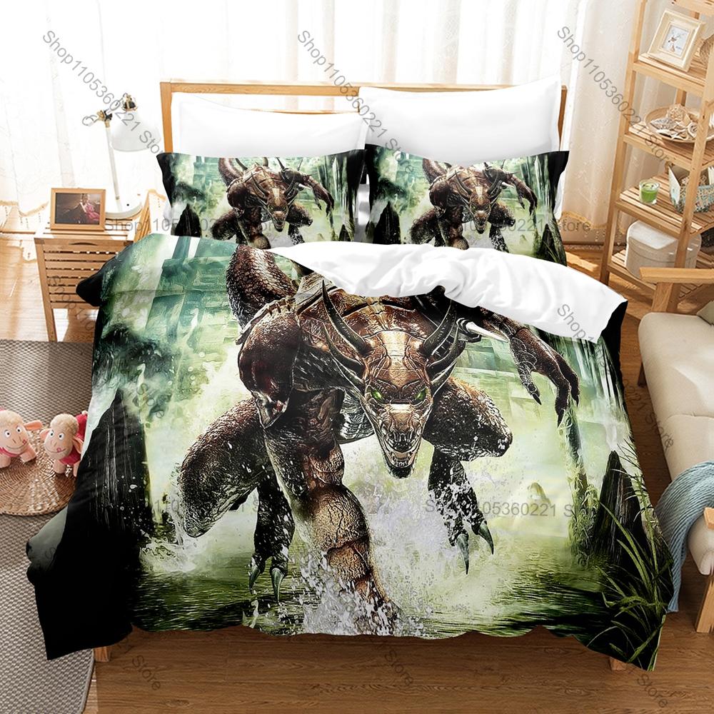 Cool 3PCS The Rise of Tiamat DND Pattern Bedding Set Duvet Cover + 2 Pillowcases Breathable Polyester Tabletop Bedding Gamer Bed