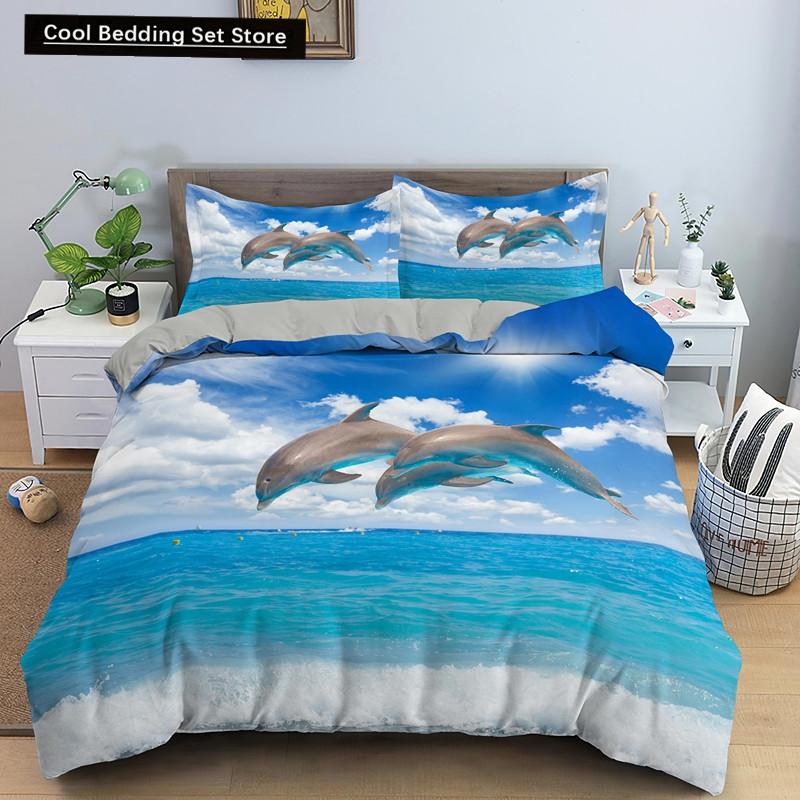 Ocean Dolphin Duvet Cover King Queen Size Cute Dolphin Jumping In The Blue Sea Bedding Set Children 3D Animal Sunset Quilt Cover