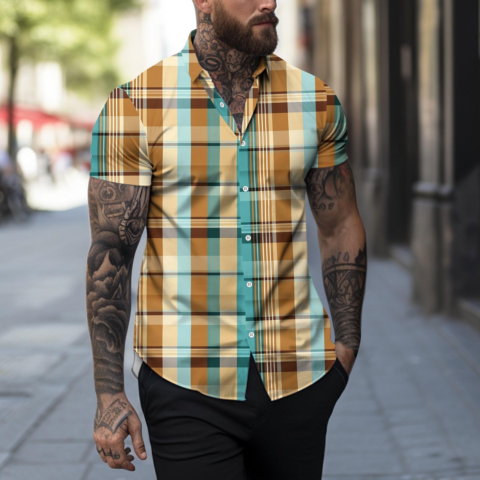 

Мужская весенне-летняя повседневная мужская рубашка в клетку с отворотом и коротким рукавом, мужской топ XXXXXL