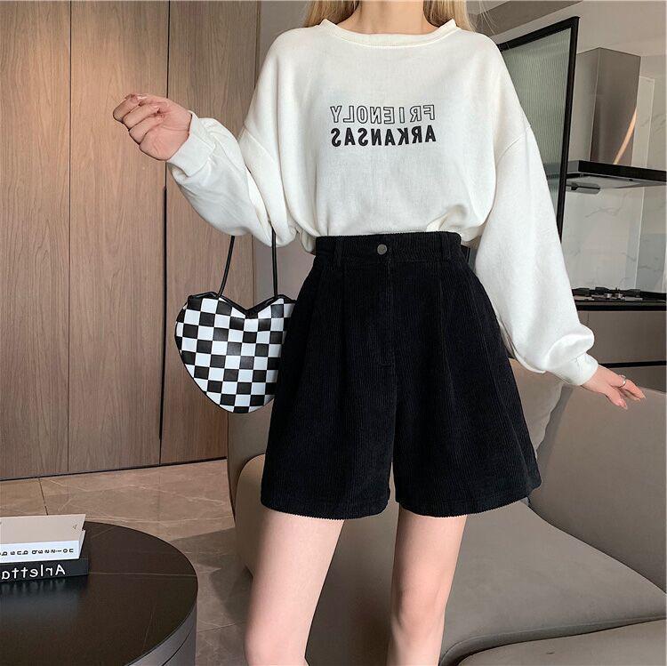 Women's High-Waisted A-Line Corduroy Shorts with Long Boots - Slimming Outerwear for Autumn/Winter, Petite Fit