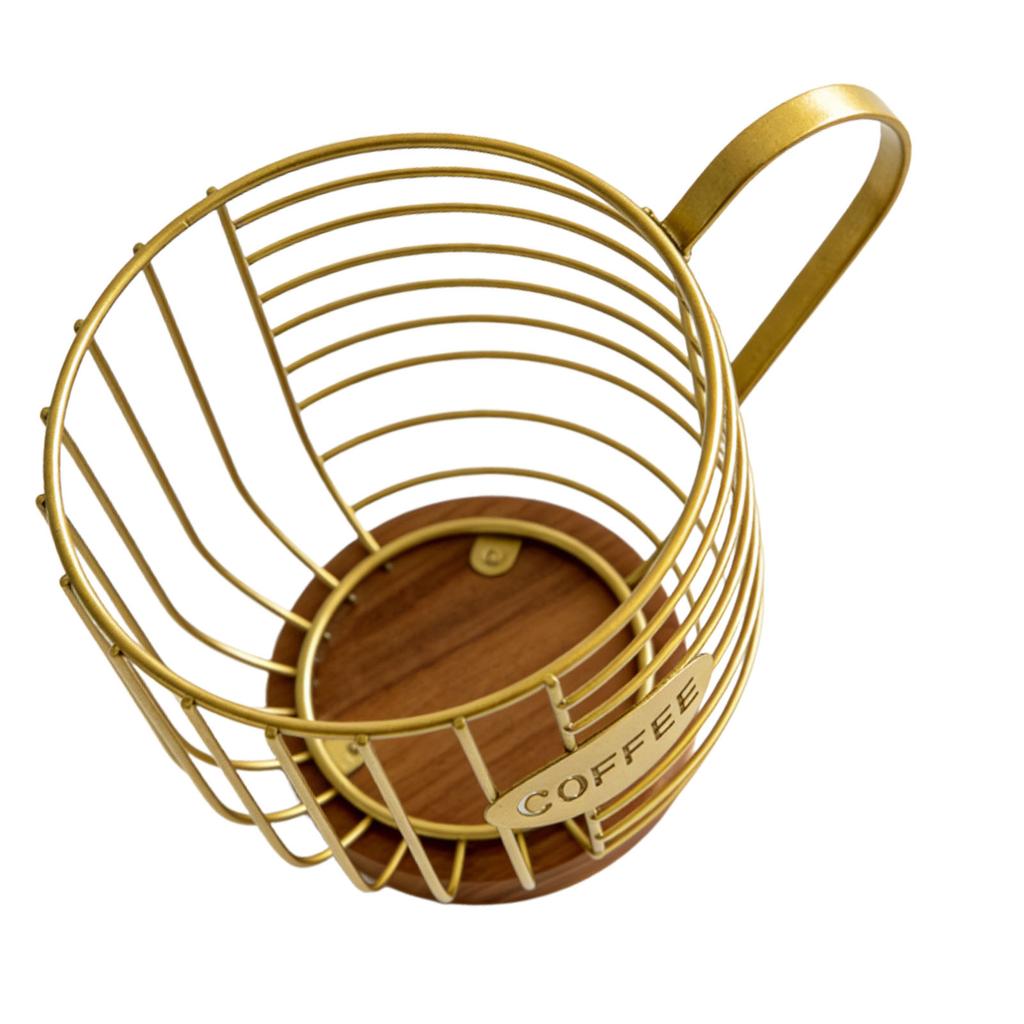 Metal Coffee Pod Wire Basket with Wooden Base Large Capacity Coffee Pod Holder for Kitchen Countertops Coffee